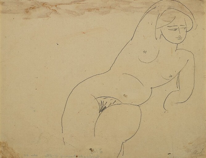 An abstract drawing of a nude woman lying in frontal view shown from the thighs up