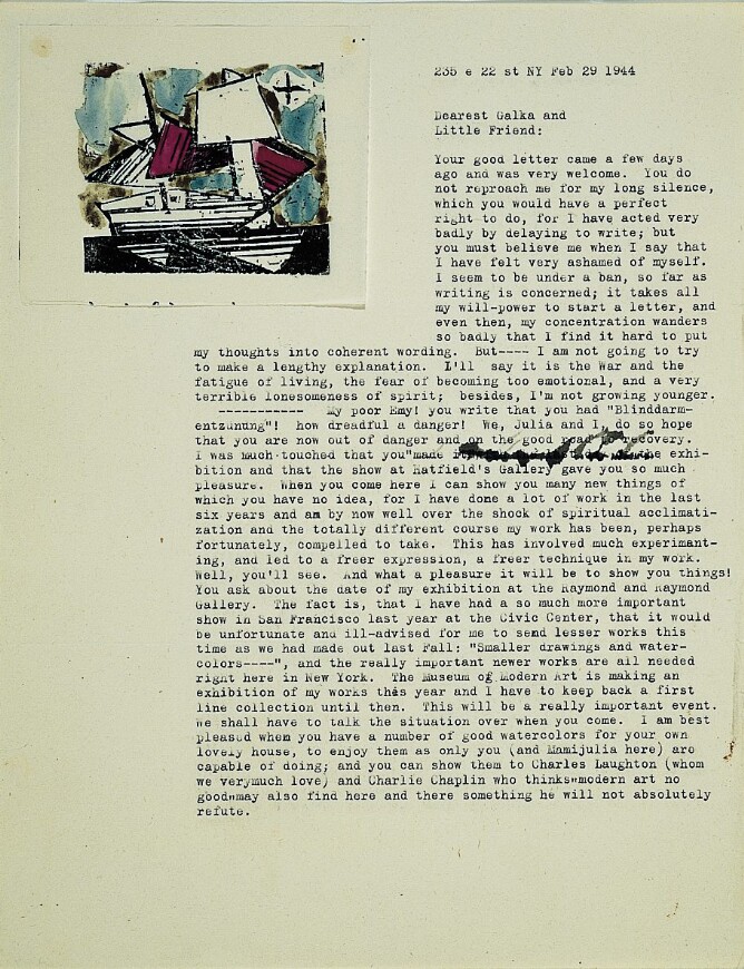 A typed letter with an abstract mixed media print pasted onto it in the top left corner, featuring a white two-masted ship with two pink sales against a blue and green sky with a black star