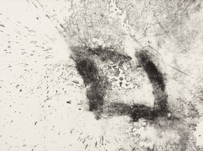 An abstract print of a softly textured black outline of a square over a light gray textured wash with splatters