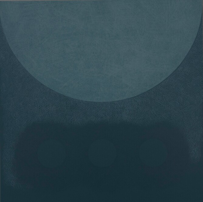 An abstract print of a gray semicircle, curved side down, above a darker teal area with three faint circles in a row, against a dark teal or greenish-blue background