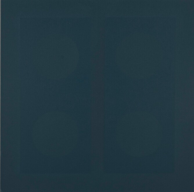 An abstract print of two faint dark teal or greenish-blue vertical rectangles each containing two very faint circles, against a darker teal background