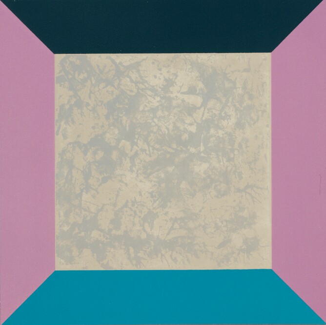 An abstract print showing an illusion of a cube's interior with a textured light gray square in the back, black on top, bright blue at the bottom and lavender or light purple on the sides