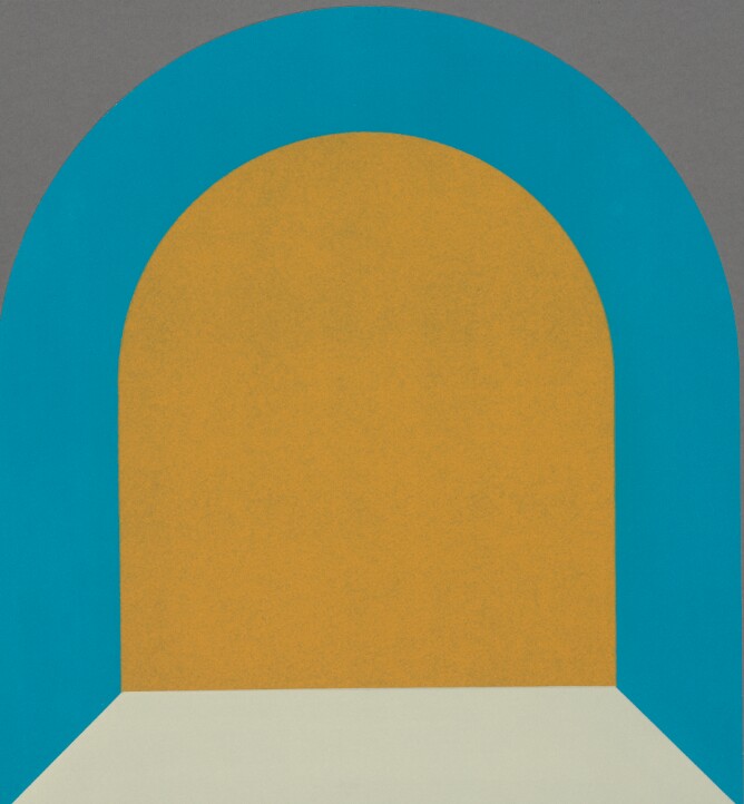 An abstract print of a yellowish-orange arch on a light gray base, framed by a bright blue arch and gray upper corners