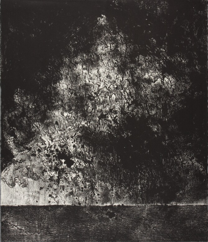 An abstract print showing an expanse of billowy textured shades of gray and black above a low horizon line