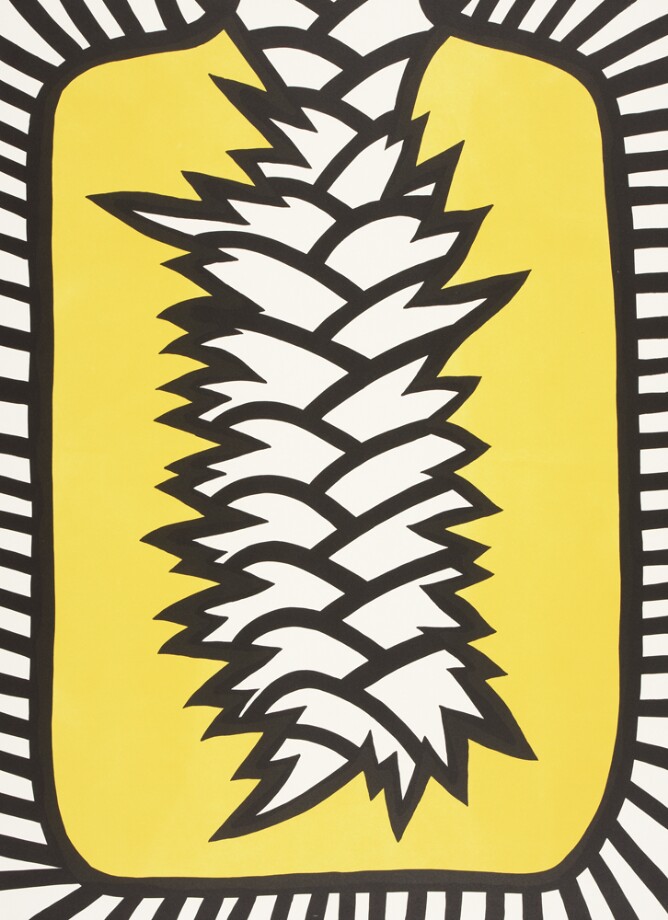 An abstract print of a vertical spikey braided pattern boldly outlined in black, within a tall yellow rectangular shape radiating short black lines