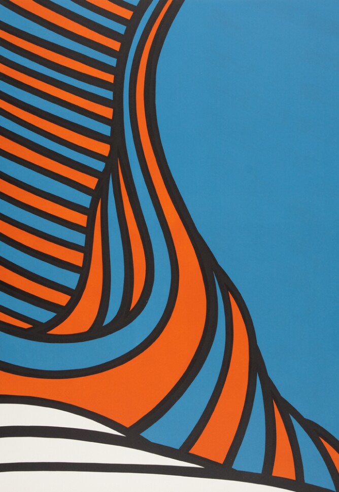 An abstract print of blue and orange stripes flowing upward against diagonal blue and orange stripes, and around a section of blue, with curving white stripes at the bottom, all boldly outlined in black