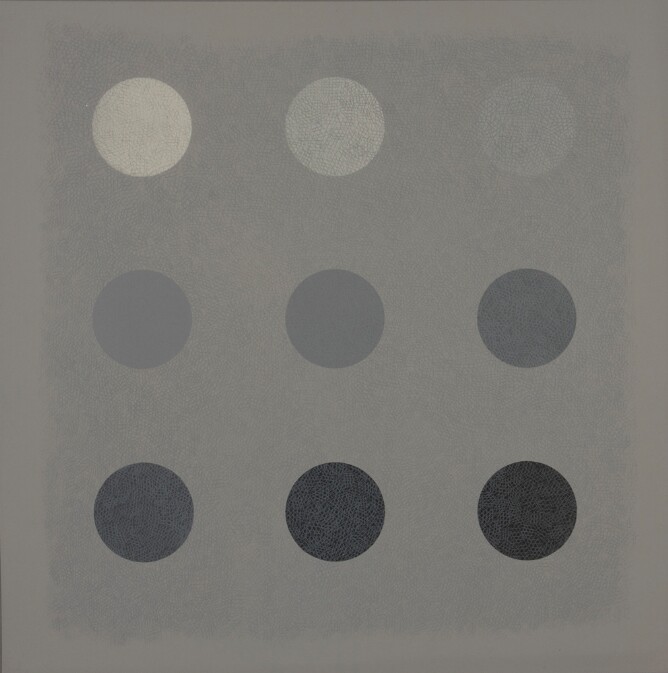 An abstract print showing three rows of three circles with cross-hatching texture, transitioning from black on the bottom to white at the top against a gray background