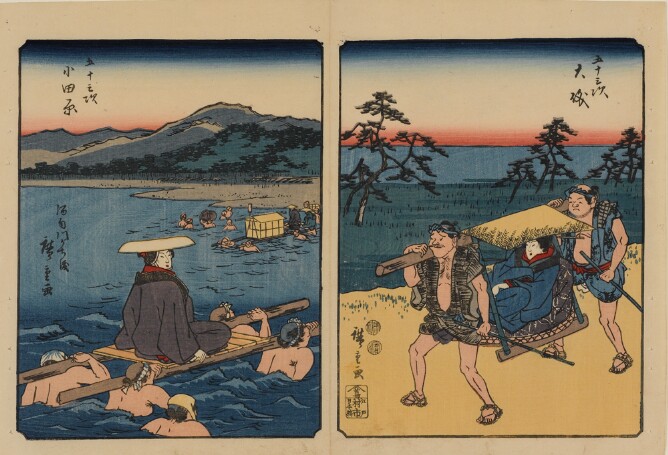 (Color print on the left) A woman seated on a wooden raft being transported by figures in the water, with mountains in the distance (Color print on the right) A woman in a covered seat being transported by two men alongside a field with the sea in the distance