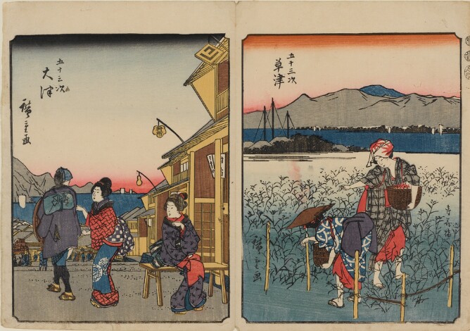 (Color print on the left) A woman in a kimono sitting on a bench by a shop, while another standing woman in a kimono tugs on the garment of a passerby (Color print on the right) Two women working in a field. One woman stands with a basket while the other woman bends down with a basket