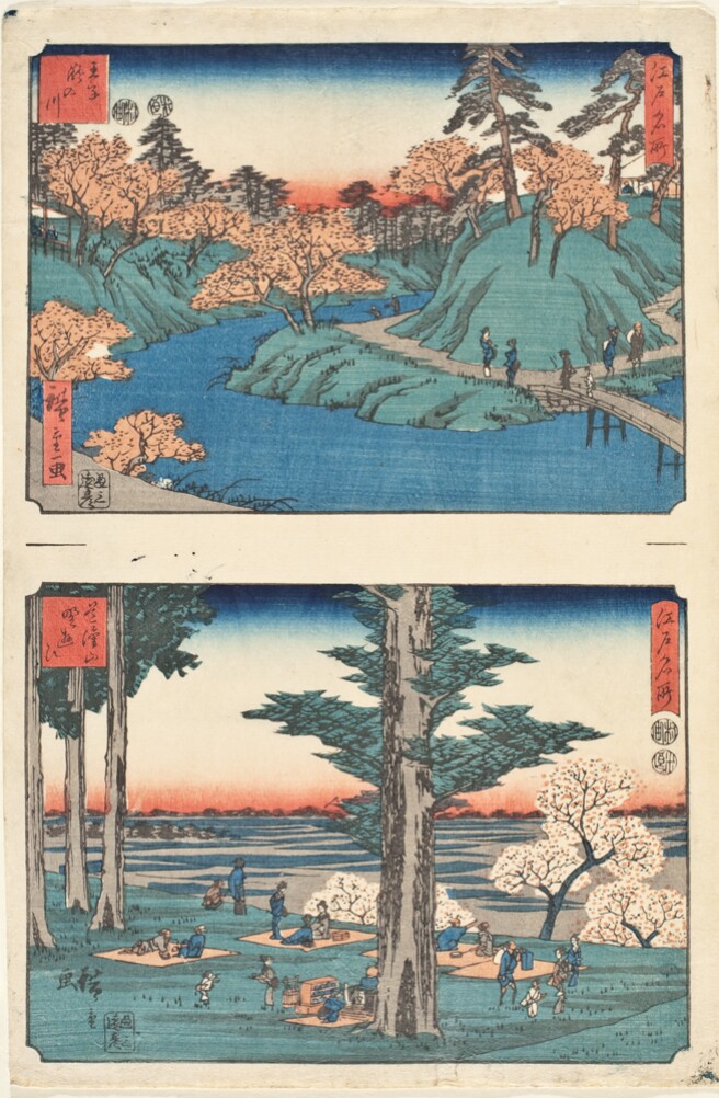 (Color print at the top) A bird's eye view of figures walking along a mountain path topped with blooming pink trees beside a river (Color print at the bottom) Figures picnicking under tall trees above blooming pink trees