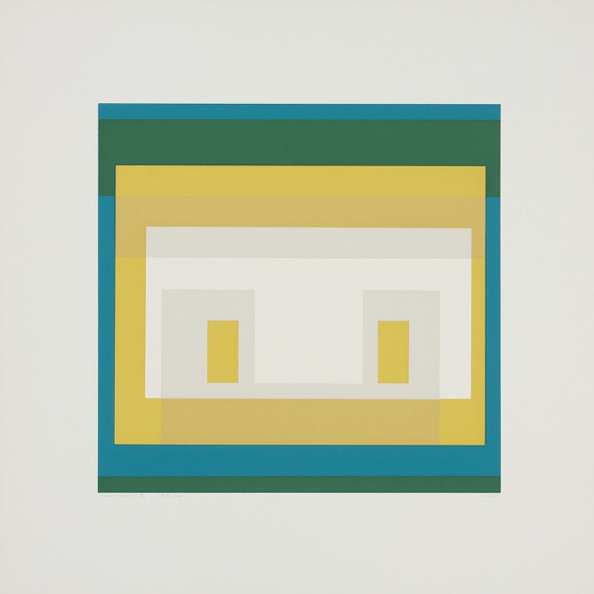 An abstract print of flat, nesting horizontal rectangles in light blue, yellow and white, containing highlighted areas of light gray and smaller vertical yellow rectangles in the center, creating an illusion of overlapping