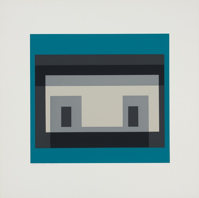 An abstract print of flat, nesting horizontal rectangles in teal (blue-ish green), dark gray and white containing highlighted areas of gray and two smaller vertical dark gray rectangles in the center, creating an illusion of overlapping