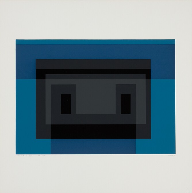 An abstract print of flat, nesting horizontal rectangles in lighter blue, dark gray and gray with bands of blue at the top and bottom, and two smaller vertical black rectangles in the center, creating an illusion of overlapping