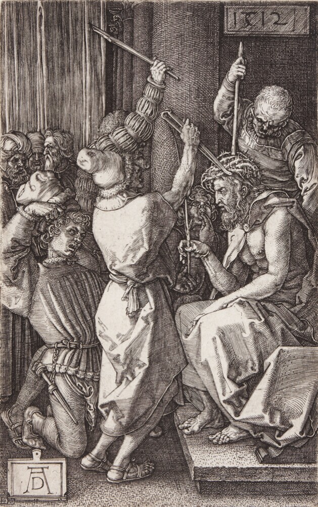 A black and white print of a man sitting to the viewer's right wearing a crown of thorns being mocked and beaten by a group of men