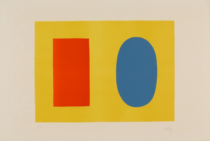 An abstract print of a orange vertical rectangle and a light blue oval within a yellow horizontal rectangle