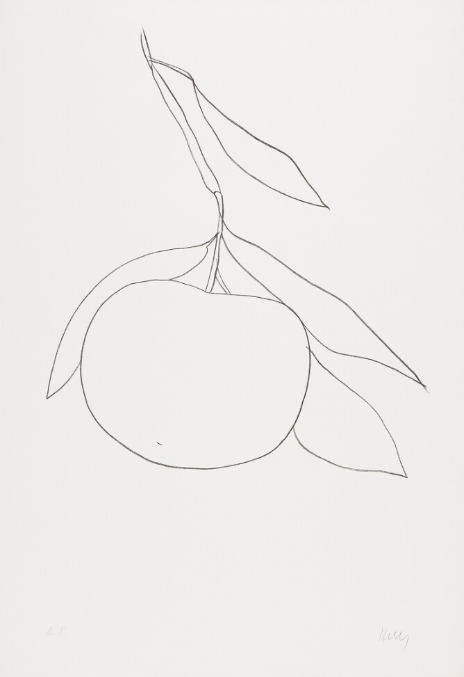 A black and white abstract print of a tangerine hanging from a stem with leaves, using minimal lines