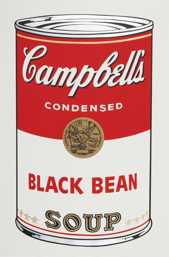 A color print of a large Campbell's black bean soup can