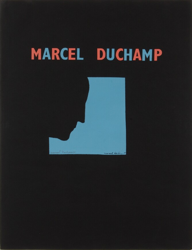 A color print of a silhouette of a man's profile head in the corner of a light blue square against a black background with interchanging red and light blue letters above that read MARCEL DUCHAMP