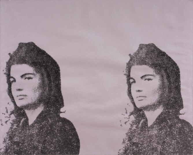 A black print of a woman in three-quarter view, from the chest up, shown twice against a light pink background