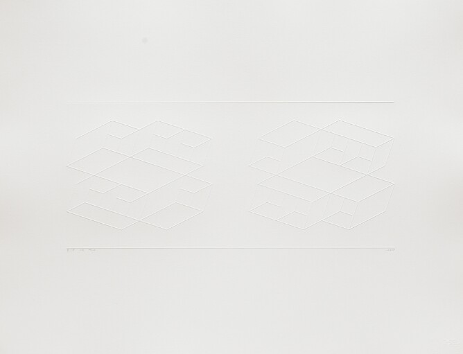 A white-on-white abstract print showing two different constructions of squares and rectangles side by side