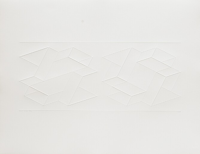 A white-on-white abstract print showing two different constructions of rectangles and squares side by side