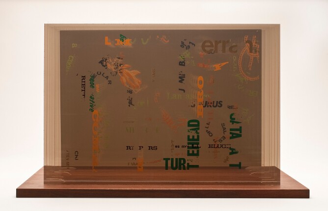 Fragments of black, dark green and light orange text and images of a rope and plant printed on sheets of plexiglass set into a wooden base and assembled to form an abstract multi layered composition