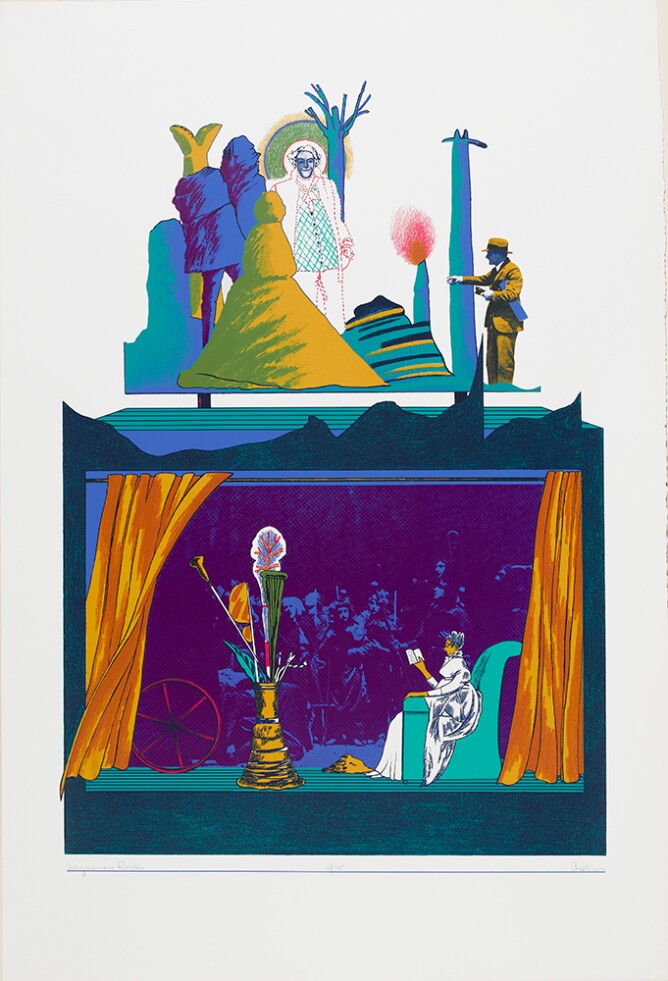 An abstract color print of two scenes. Upper scene shows figures standing in a surreal landscape. Lower scene shows a woman in profile on a stage sitting in a chair with a book, facing a vessel containing tall objects, with a background photo of a group of people