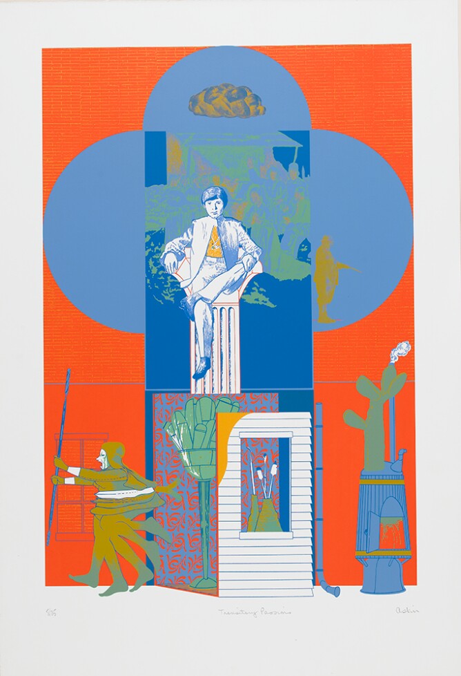 An abstract color print of a figure sitting on a pedestal encircled by three light blue semi-circles against an reddish-orange background. In the foreground, a multi-legged figure holds a stick, a window and a furnace