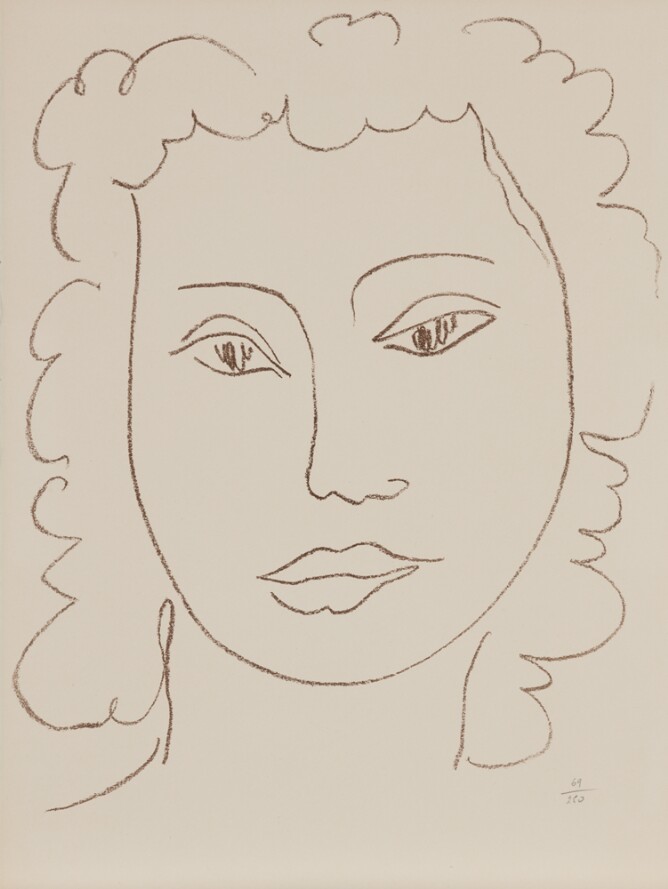 A black and white abstract print of the head and neck of a woman with short curly hair, using minimal line