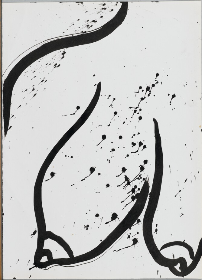 A gestural black and white, abstract drawing of elongated breasts and a shoulder, with drips and splatters