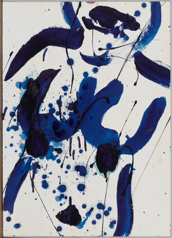 A gestural, abstract drawing of a nude female's torso in thick, translucent blue lines, layered over drips and splatters